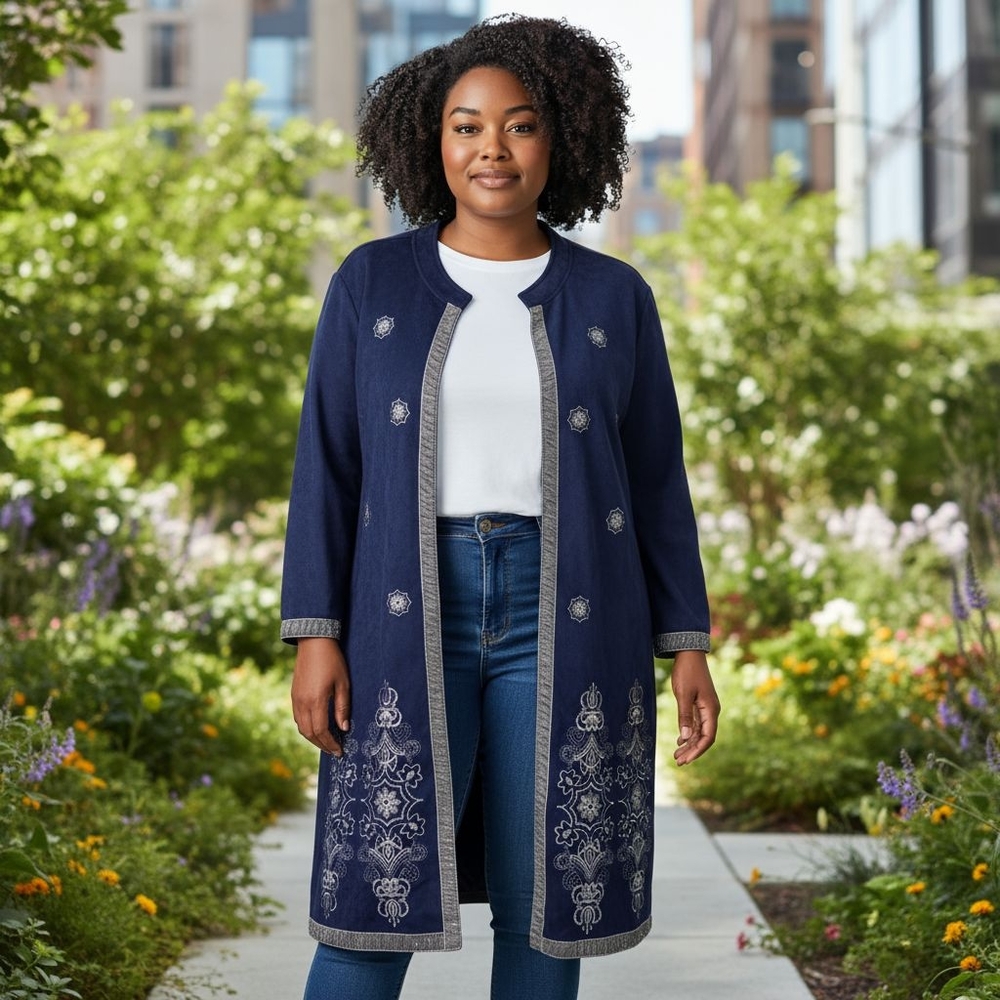Indigo Thread Duster Coat Blue Embroidered Long Microsuede Longline Boho Plus 3X